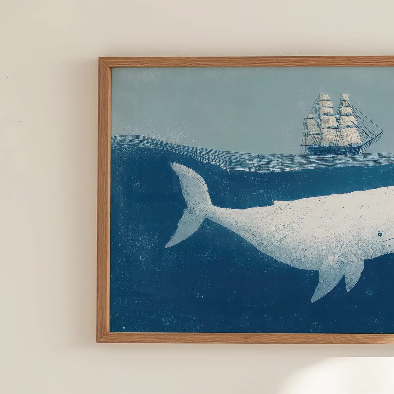クジラと船の水彩画プリント | 海に浮かぶ船 | ヴィンテージ船 | 巨大